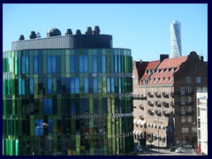 Malmö skyline from the Central station's garage 39 - Glasvasen, Turning Torso and older building